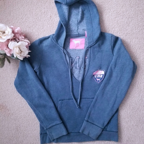 PINK Victoria's Secret Tops - PINK Victoria Secret Pullover Blue Emblem Hoodie